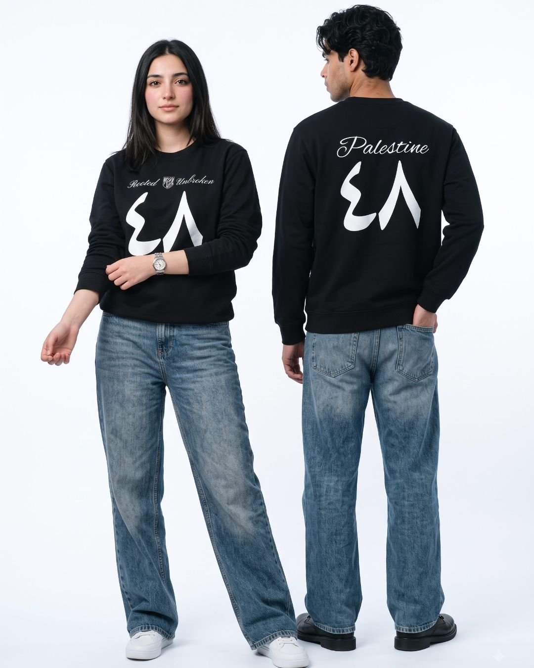 Male and female models wearing the black unisex Palestine sweatshirt