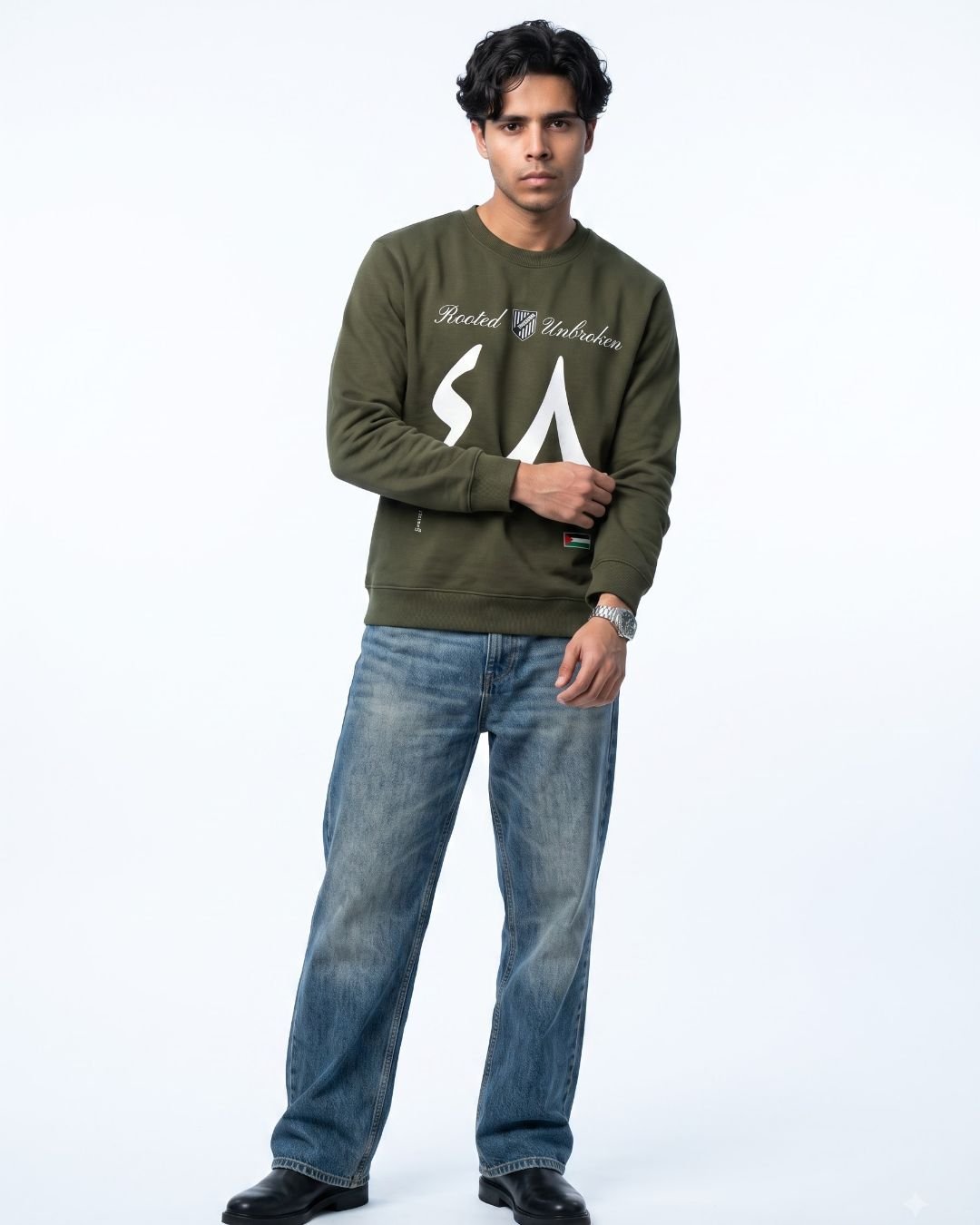 Unisex Palestine sweatshirt in olive green, front view